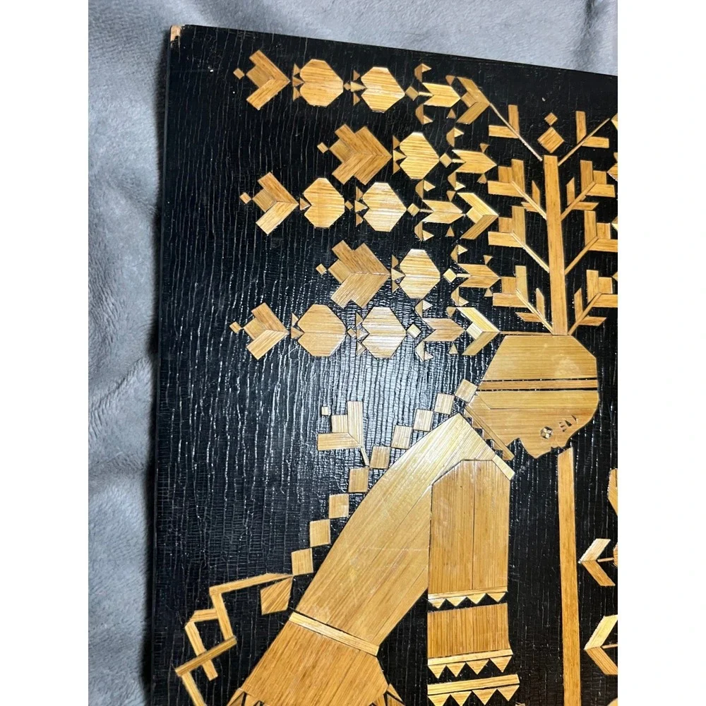 USSR 1979 Straw Marquetry Folk Art Wall Plaque Black Lacquer Harvest Decor Panel